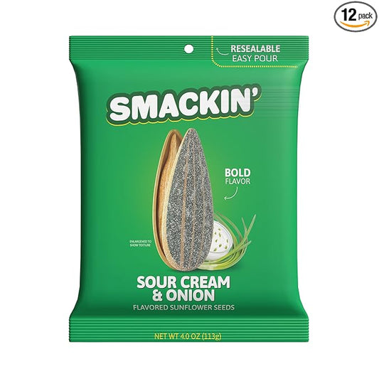 SMACKIN' - Jumbo Roasted Sunflower Seeds, No Salty Burn, American Made, Easy Pour & Seal - Sour Cream & Onion, 4oz bag (12 Bags)