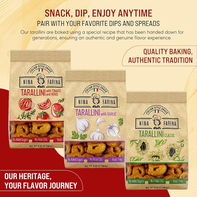 NINA FARINA Tarallini Variety Pack-Fresh Baked Italian Crackers Free from Added Sugars, Palm Oils & Yeast - Italian Style Nutritious Tarallini Crackers Great for Health 6.35oz/bag (9PACK)