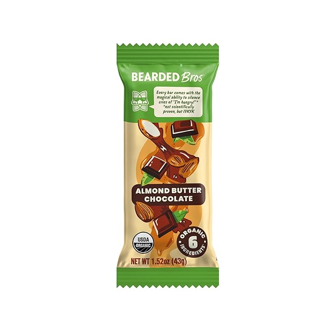 Bearded Brothers, Organic Vegan Protein Energy Bars, Almond Butter Chocolate (12 Pack) - Gluten Free, Paleo, Non GMO, Soy Free, Low Glycemic, No Sugar Added, Packed with Protein, Fiber (Packaging May Vary)