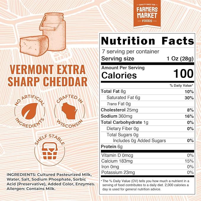Farmers Market, Gluten Free, Keto, Paleo, Low Sodium, Zero Sugar, Wisconsin Cheese, 1-Pack, Vermont Extra Sharp Cheddar