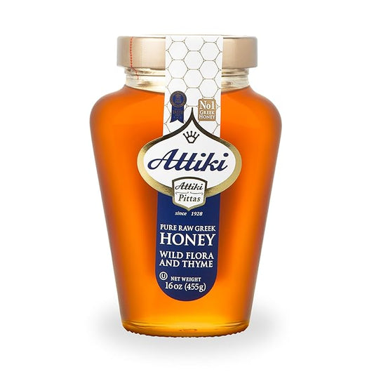 Attiki Pure Greek Honey with Wild Flora and Thyme, Perfect for Baking, Cooking, Lemonade and Tea, 16 oz (453 grams), Glass Jar