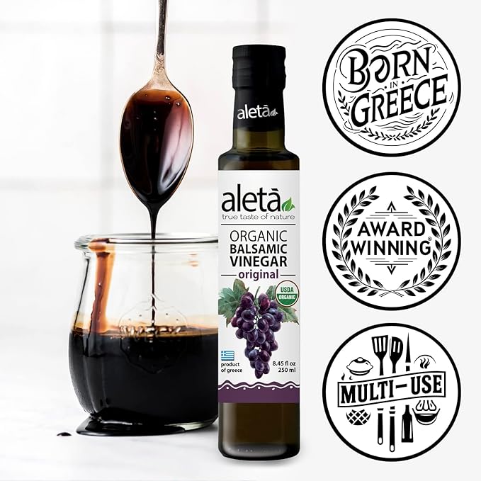 Aleta Farms Balsamic Vinegar, USDA Organic, Aged Flavored Vinegar, Perfect for Salad Dressings, Pasta, Desserts & Cocktails, Glass Bottle, 8.45 fl oz (Plain)