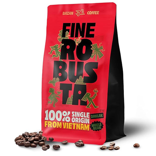 BAZAN COFFEE Fine Robusta Vietnam, Notes of Durian, Honey & Caramel, Organic Whole Bean, Medium Roast, Naturally Fermented 72H Anaerobic, 12oz