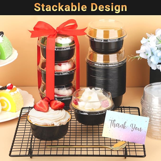 Beasea Aluminum Foil Ramekin Cups With Lids, 100 Pack 6.1oz 180ml Mini Disposable Foil Ramekins Aluminum Round Oven Baking Cupcake Cups for Party - Black Gold