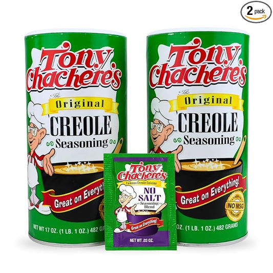 Tony Chachere's Creole and Cajun Seasoning Canisters (2 Pack + Packet) (2 Pack, Original with No Salt Packet)