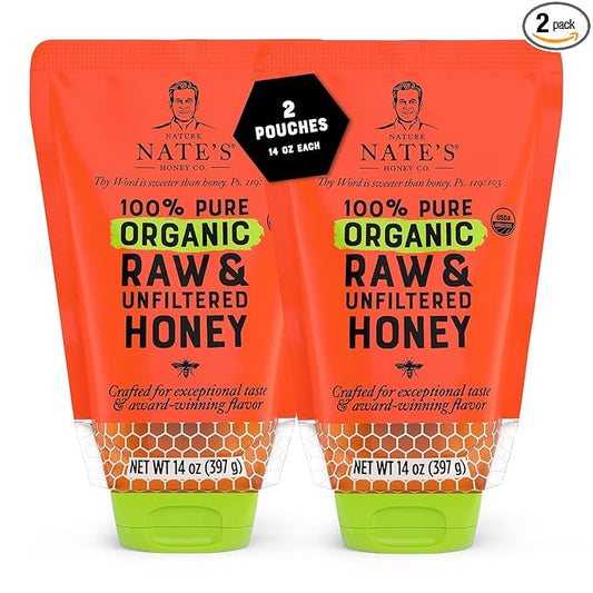 Nature Nate's 100% Pure USDA Organic Raw & Unfiltered Honey, Two 14 oz. No-Drip Sustainable Squeeze Pouches; Purity Guarantee, No Additives
