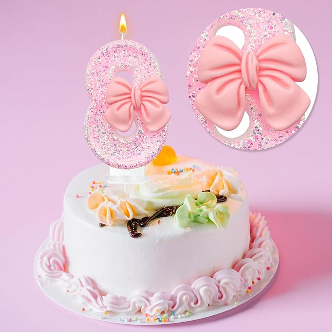 Birthday Cake Candles, Pink Glitter with Bow Cake Candles, Birthday Party Cake Toppers, Cute Birthday Candle Decorations (8)