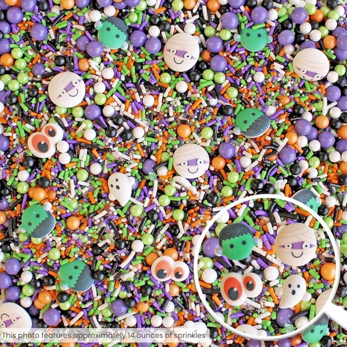 Sprinkle Pop Monster Mashup Sprinkle Mix| Orange Black White Lime Purple Sprinkles| Halloween Sprinkles with ~12 monster, ghosts, creepy eyeballs Made in USA for Decorating Cakes Cookies Cupcakes, 4oz