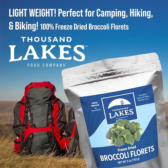 Thousand Lakes Freeze Dried Vegetables - Broccoli Florets 8-pack 0.6 ounces (4.8 ounces total) | 100% Florets - No Stems | No Salt Added