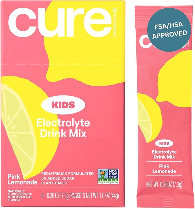 Cure Hydration Kids Electrolyte Drink Mix | Plant-Based Pediatrician Formulated Rehydration | No Added Sugar, FSA-HSA, Non-GMO, Gluten-Free, No Artificial Flavors | Box of 6 Packets - Pink Lemonade