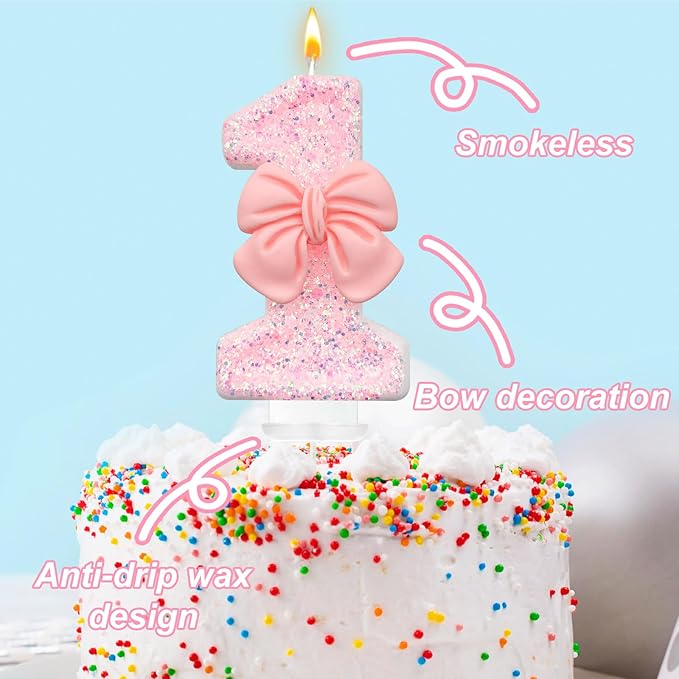 Pink Glitter Bow Birthday Candle, Smokeless, Eco-friendly, Non-Toxic, Modern, Numeric, 8cm/3in x 4cm/1.6in, 1 Count