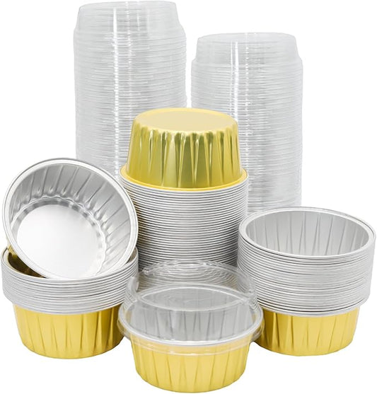 100 Pack 4.2oz Aluminum Cups with Lids Mini Flan Containers with Lids Cupcake Baking Cups, Gold