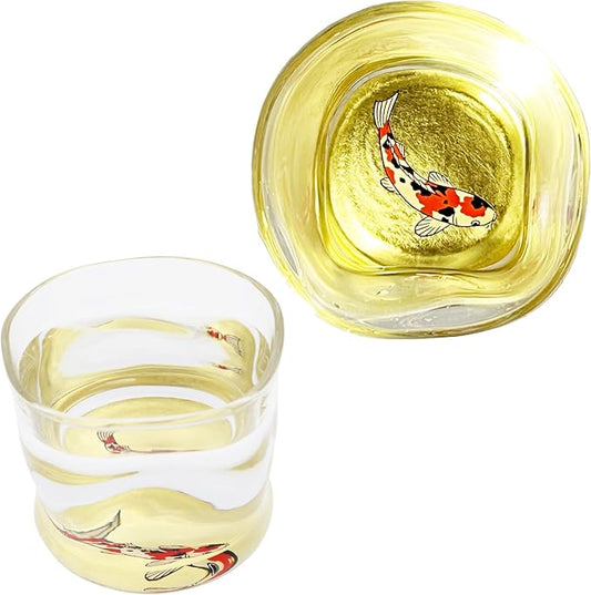 Kasyou Studio Colored Carp sake cup (Natural curl shape) Glass (Kanazawa Gold Foil, Gift Box), made in Japan, japanese sake cup soju glass luxury golden glasses Vaso de Sake Japonés