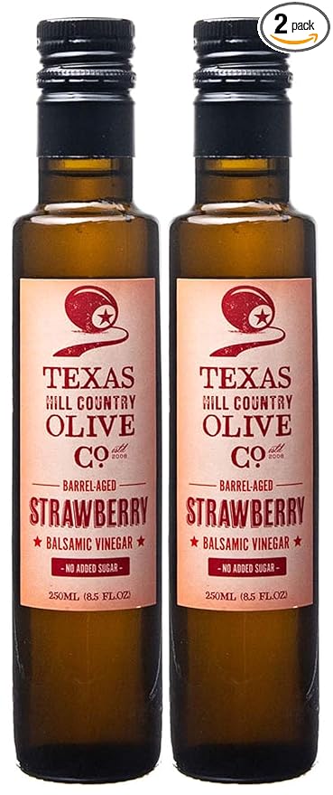 Strawberry Balsamic Vinegar - Gourmet Barrel Aged Infused Balsamic Vinegar - Great for Dressing Dipping Glazing - No Artificial Flavors or Added Sugar - Made in Texas (8.5 oz, 2 Pack)