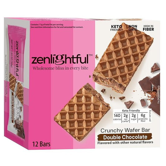 Zenlightful Double Chocolate Wafer Cookies, Low Carb, Low Sugar, Keto Friendly Healthy Snacks, Only 140 Calories, High Fiber, Vegetarian, Non-GMO, 12 Count