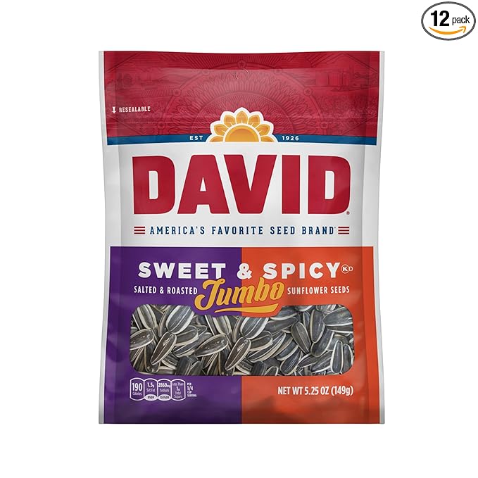 DAVID Roasted and Salted Sweet and Spicy Jumbo Sunflower Seeds, Keto Friendly, 5.25 oz, 12 Pack
