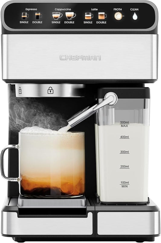 Chefman Caf챕Master Pro Espresso Machine, Brew Single or Double Shots, Coffee Maker with Built-In Milk Frother for Cappuccino & Latte, XL 1.8 Liter Removable Water Reservoir - Stainless Steel