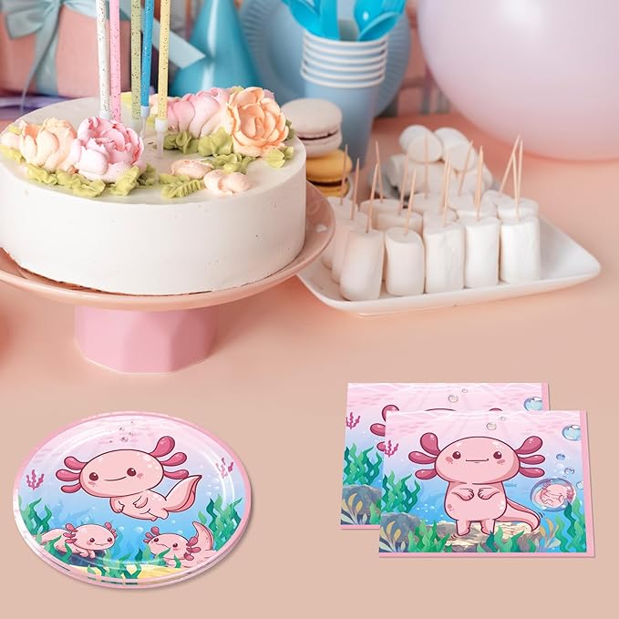 40Pcs Pink Cartoon Axolotl Birthday Party Decorations Reptile Animals Party Tableware Set Axolotl Party Paper Plates and Napkin訝쭮oys Girls Birthday,Baby Shower Axolotl Theme Party Supplies,Serve 20