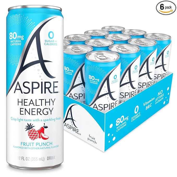 ASPIRE® Fruit Punch, Healthy Energy Drink 80mg Natural Caffeine, Zero Sugar No Carbs Keto Friendly, 24 Pack Green Tea Sugar Free Drink Low Caffeine Zero Calorie