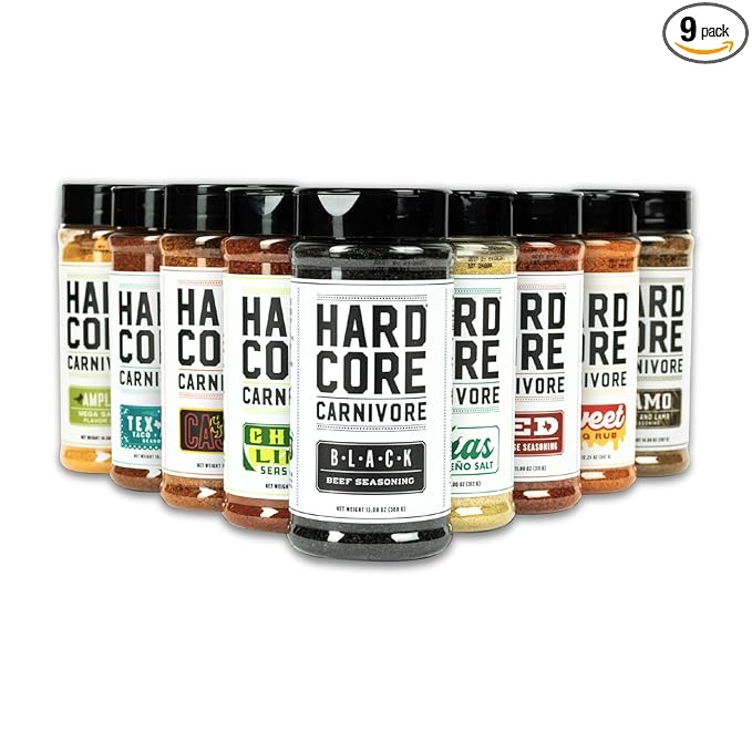 Hardcore Carnivore Max Pack (9 Rub and Seasoning Set) Black, Red, Amplify, Camo, Tex Mex, Jalapeño Salt, Sweet BBQ, Chili Lime and Cajun | Bold Texas-Made Flavors for Meat, Veggies and More