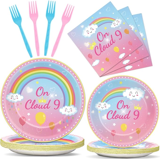 96 Pcs On Cloud 9 Birthday Decorations for Girls On Cloud 9 Party Plates and Napkins Supplies 9th BirthdayTableware Set Rainbow Themed Party Favors Serves 24 Guests