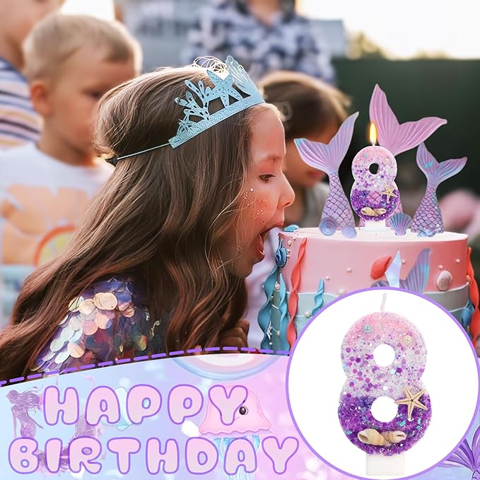 Purple Mermaid Party Number 8 Cake Candles, 2.76 inch Birthday Candle, Cake Topper Decoration for Birthday Party (Number 8)