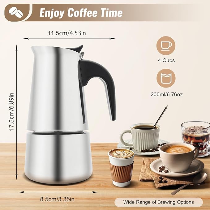 Stovetop Coffee Maker, 4 Cup Stainless Steel Moka Pot Espresso Maker Coffee Pot with Electric Stove, 500W Stovetop Espresso Machine Italian Espresso Maker for Home Bar Office