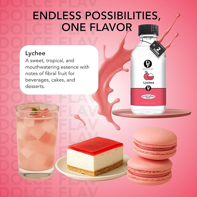 Dolce Flav Natural Lychee Extract ??2 Ounce Water-Soluble Kosher, Sugar-Free, Concentrated Exotic Lychee Flavoring for Beverages, Desserts & Baking, Includes Measured Dropper