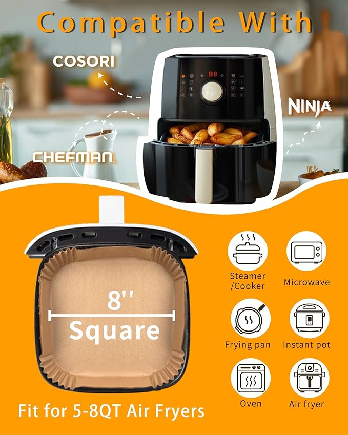500Pcs Air Fryer Paper Liners, 8??Square Disposable Parchment Paper Liner for 5-8 QT Air Fryer, Non-Stick, Oil Proof Unbleached Airfryer for Baking, Roasting Microwave