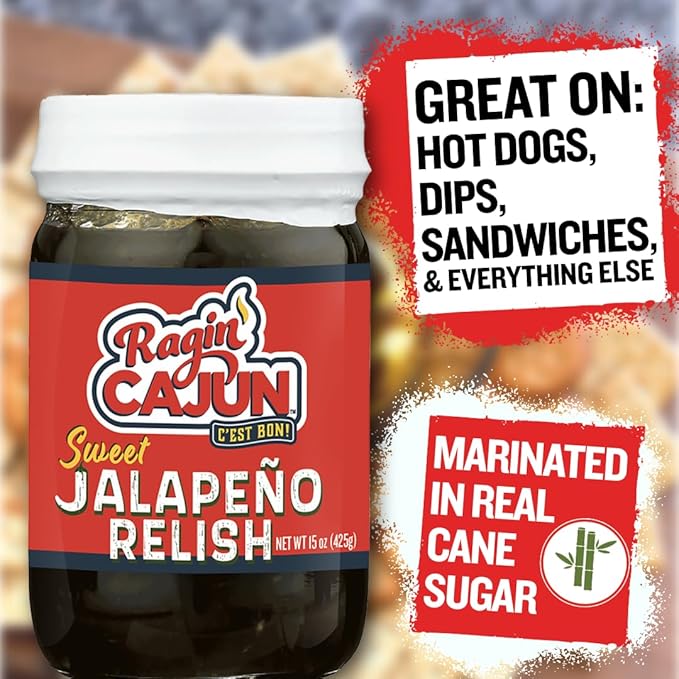 Sweet Jalapeno Relish - 15 oz Jar, All Natural - Spicy Sweet Louisiana Condiment for Dips, Hot Dogs, Sanwiches, Salads & More by Ragin' Cajun