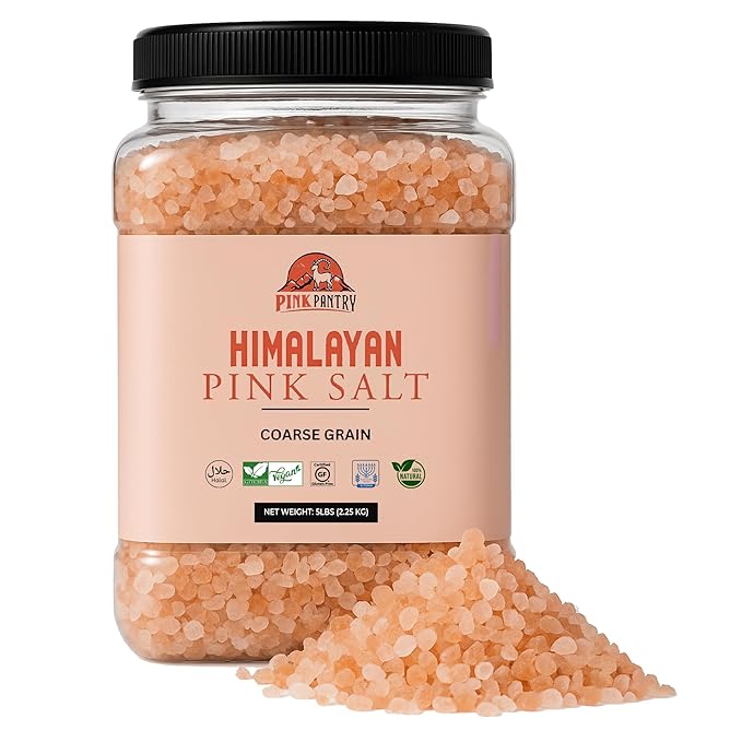 Pink Pantry Himalayan Pink Salt, 100% Pure Himalayan Salt, Non-GMO, Kosher Certified, No Additives, Ideal for Cooking, Seasoning & Gourmet Dishes, Rich in Trace Minerals, 5lb Jar, Coarse Grain