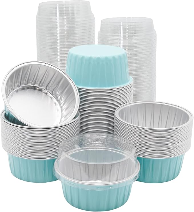 100 Pack 4.2oz Aluminum Cups with Lids Mini Flan Containers with Lids Cupcake Baking Cups, Blue