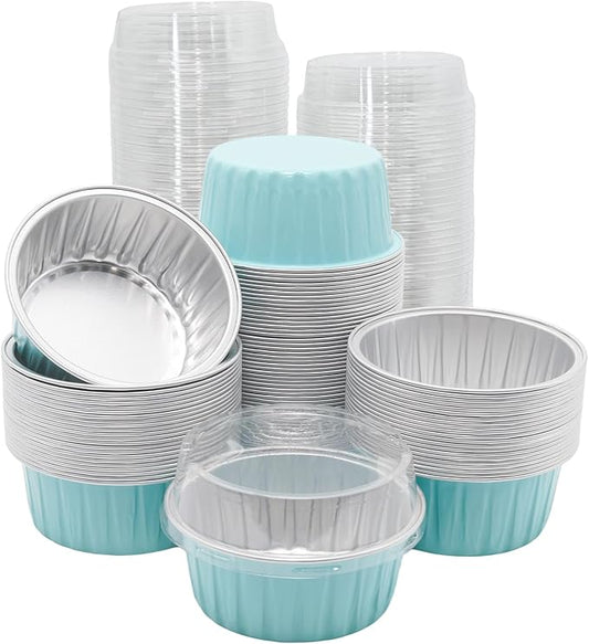 100 Pack 4.2oz Aluminum Cups with Lids Mini Flan Containers with Lids Cupcake Baking Cups, Blue