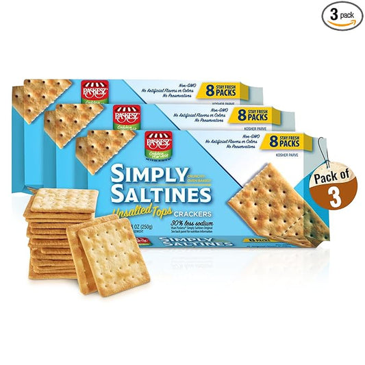 Only Kosher Candy Simply Saltines Unsalted Tops Crackers, Crunchy Oven Baked Kosher Parve Non-GMO, No Artificial Flavor and Color Contain 8 Stay Fresh Packs, Pack of 3