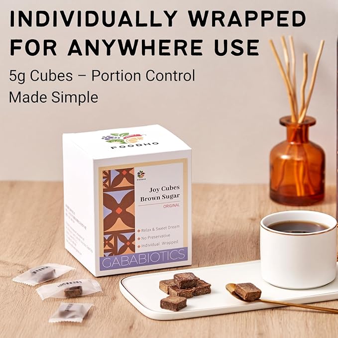 FOODHO GABA Joy Cubes Brown Sugar Cubes - Natural Dark Muscovado Sugar | Old Fashioned Pure Cane Sugar | Rich Nutrients for Good Sleep | Perfect for Tea, Coffee, Milk | No Preservatives
