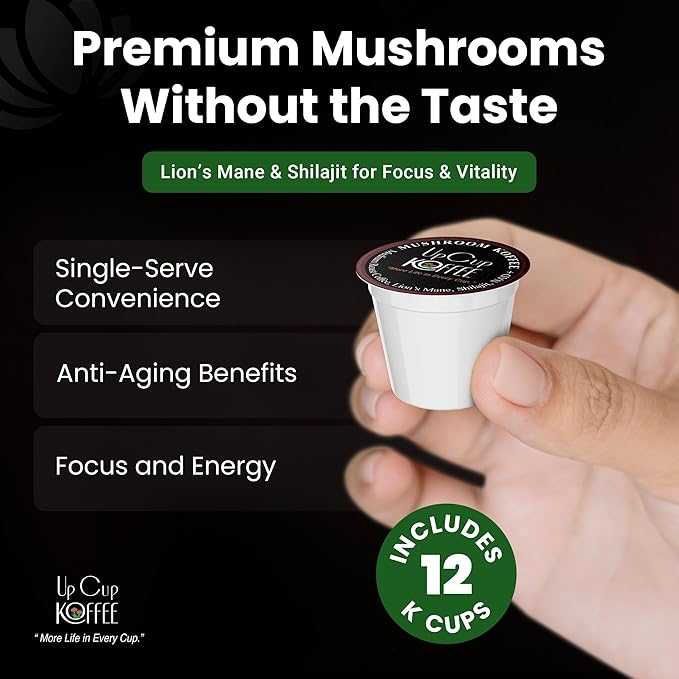UpCup Koffee Functional Mushroom Coffee K Cups - 100% Arabica Coffee Beans with Lions Mane, NAD+, & Himalayan Shilajit for Immune Support, Energy Blast, & Cognitive Boost - 12 Pack