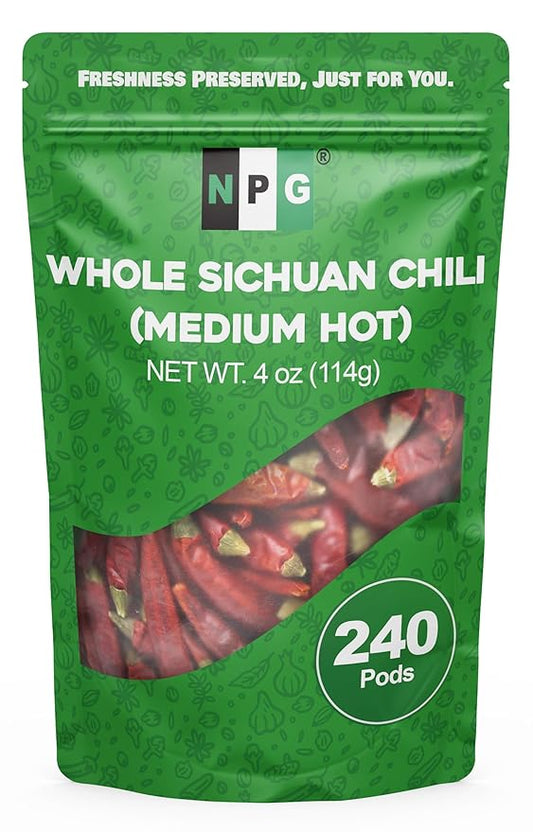 NPG Sichuan Red Chili Peppers 4 Ounces, Medium Hot, Premium Szechuan Dried Red Chilies for Chili Oil, Paste, and Sauce, Used in Mexican, Chinese, Thai Dishes