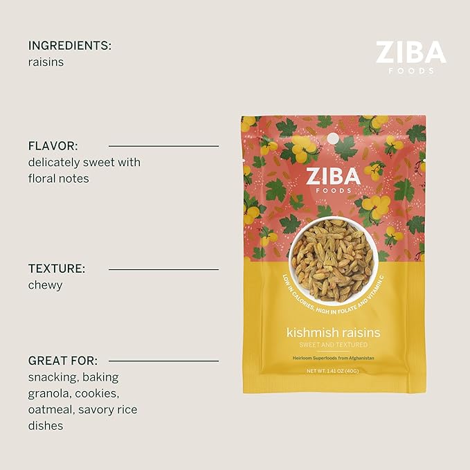 Ziba Foods Kishmish Raisins | Non-GMO, Vegan, Whole 30 Friendly & Paleo | Superfood Naturally High in Fiber, Iron and Immune Boosting Antioxidants, Pack of 6