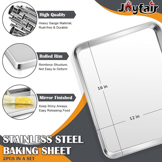 2Pcs Baking Sheet Pan Set, Joyfair Stainless Steel Cookie Sheets, Commercial Metal Pans Toaster Oven Tray Bakeware for Jelly Roll/Bread/Bacon, Heavy Gauge, Rust-free & Dishwasher Safe (16 Inch)