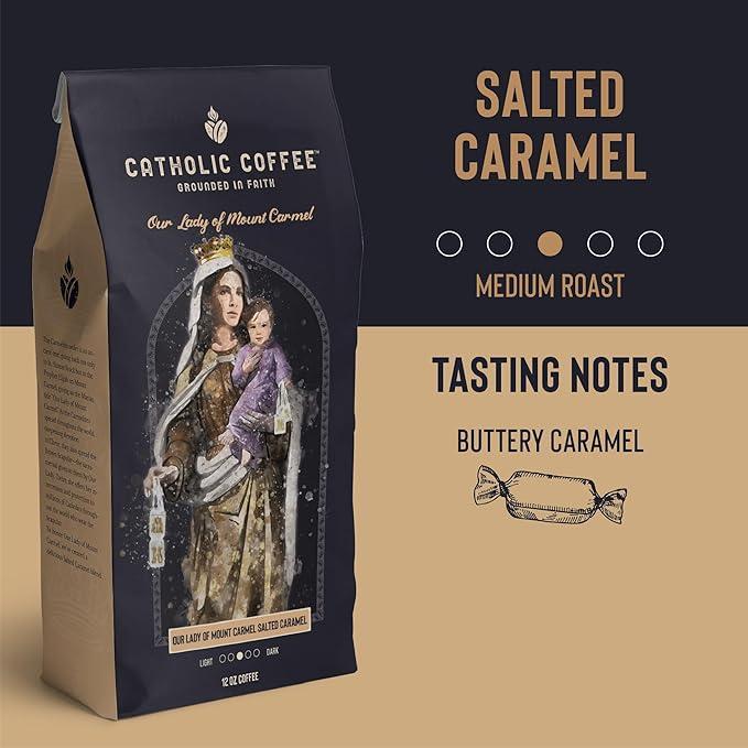 Catholic Coffee Our Lady of Mount Carmel | Medium Roast Ground Coffee ??Buttery Salted Caramel Notes | 12oz Bag ??Catholic Gift Honoring the Brown Scapular Devotion