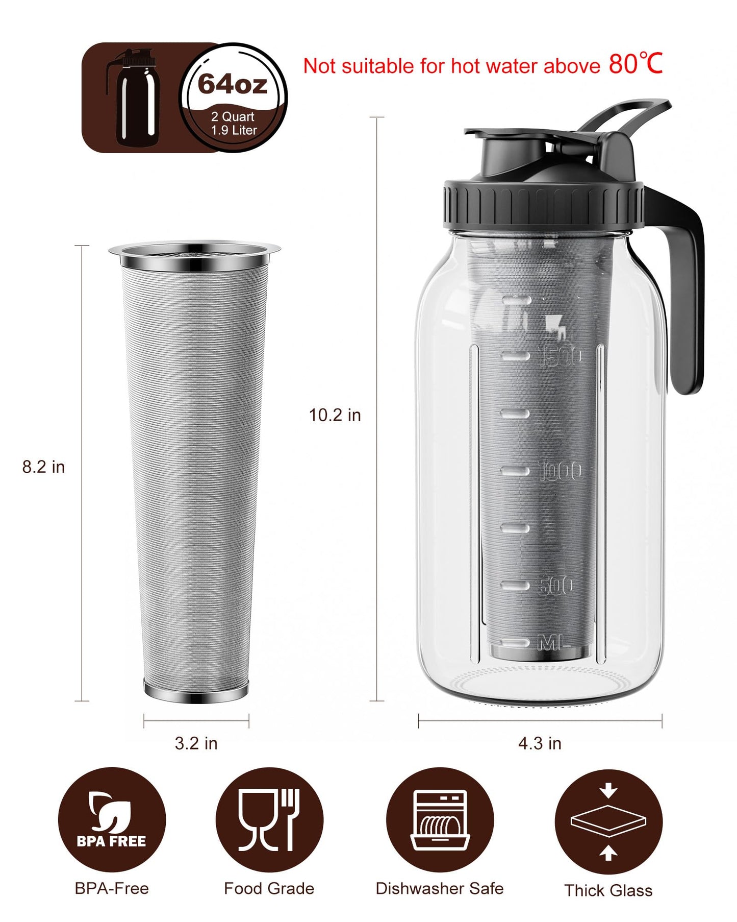 VA1KENE 64 oz Cold Brew Coffee Maker, Mason Jar Pitcher with 304 SS Filter