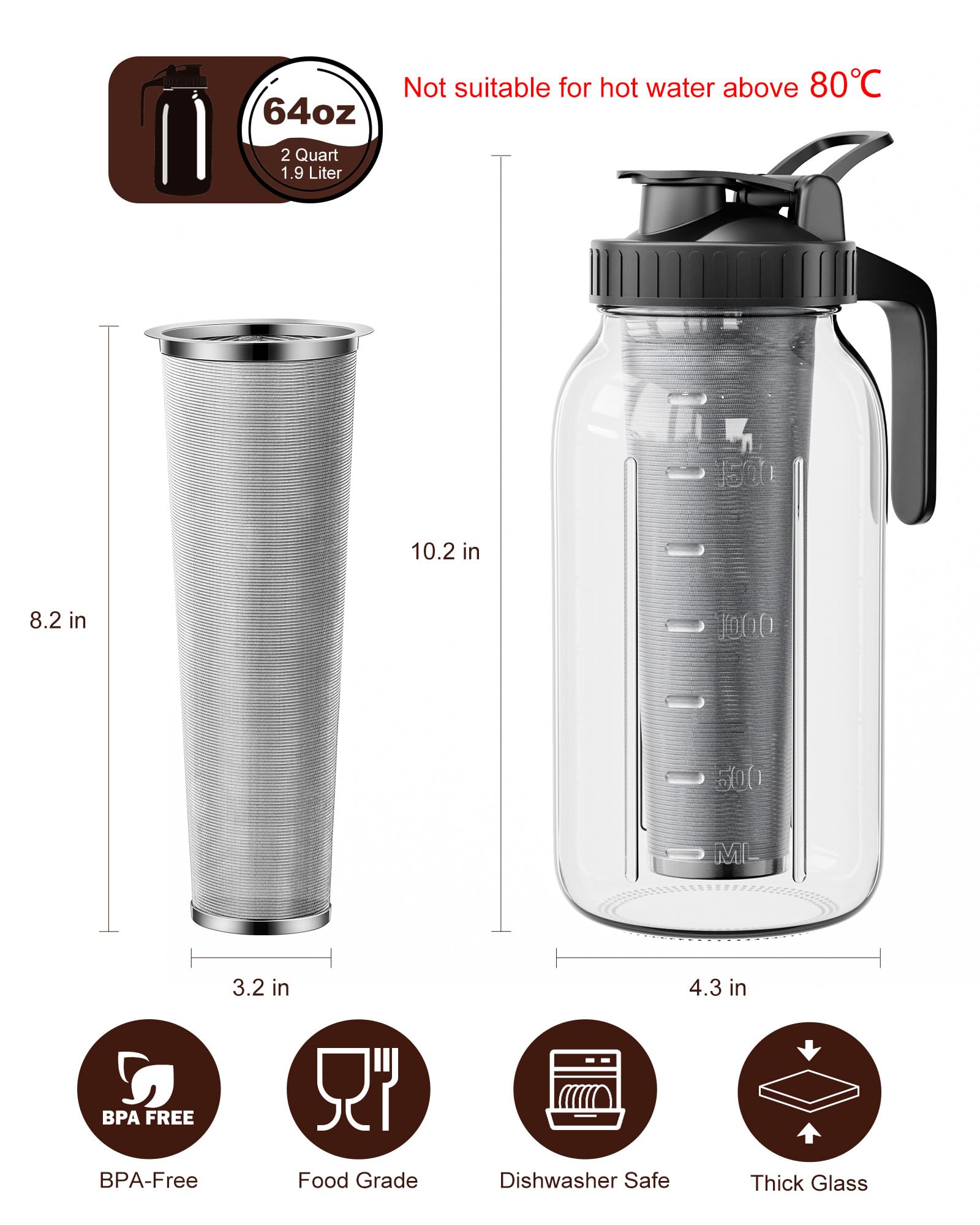 VA1KENE 64 oz Cold Brew Coffee Maker, Mason Jar Pitcher with 304 SS Filter