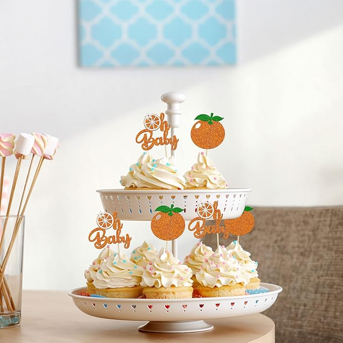 24Pcs Little Cutie Cupcake Toppers Glitter Orange Oh Baby Cupcake Picks Citrus Theme Baby Shower Decorations for Cutie Kids Birthday Party Baby Shower Gender Reveal Fruit Party Supplies