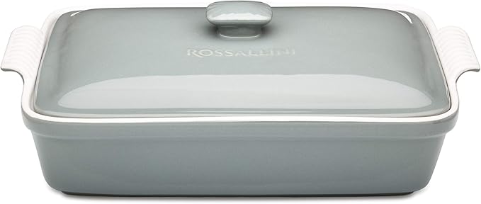 Stoneware Casserole Dish Bakeware Set with Lid, Covered Rectangular Dinnerware, Large 3.2 Quart, 11 by 9 Inch, Grigio [Grey]