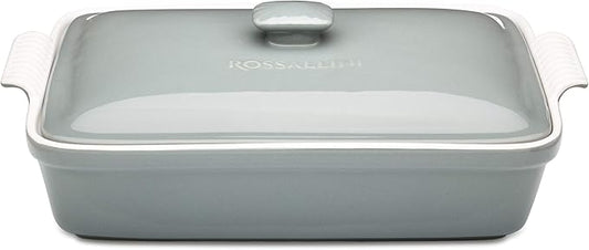 Stoneware Casserole Dish Bakeware Set with Lid, Covered Rectangular Dinnerware, Large 3.2 Quart, 11 by 9 Inch, Grigio [Grey]