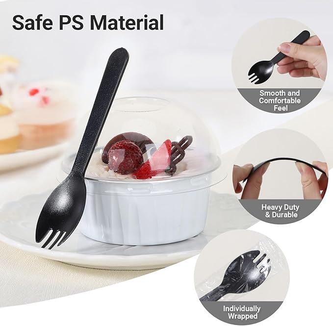 EUSOAR Mini Cheesecake Pans and Disposable Sporks, 120pcs 5oz Creme Brulee Ramekins Disposable, Foil Muffin Cupcake Liners Ramekins Baking Cups with Lids for Party Wedding Birthday Picnic Gathering