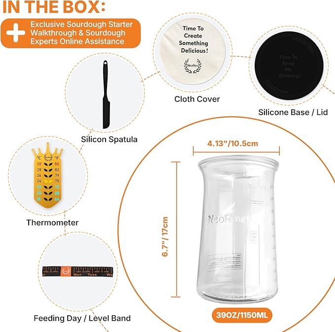 Pro Sourdough Starter Kit - 39 Oz Glass Sourdough Starter Jar (With Cloth Lid,Silicone Base,Scraper,Date Tracker,Temp Strip) - Sourdough Bread Baking Supplies For Sour Dough Bread Loaf (Black)
