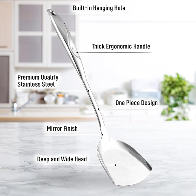 Zulay Kitchen Stainless Steel Metal Wok Spatula - Durable Wok Turner Spatula Shovel - Durable Utensil with Ergonomic, Easy to Use Handle - Easy to Clean, Perfect for at Home Cooks & Chefs - 14.8??,<div>