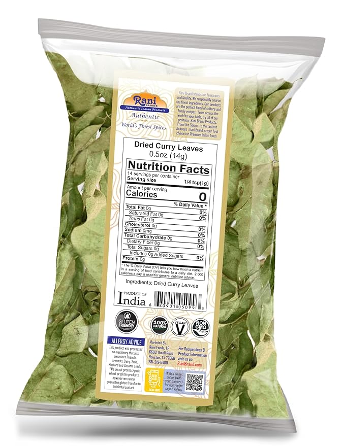 Rani Dried Curry Whole Leaves (Kari Neem Patha) Indian Spice 0.5oz (14g) ~ Non-irradiated | All Natural | Vegan | Gluten Friendly | NON-GMO | Product of USA