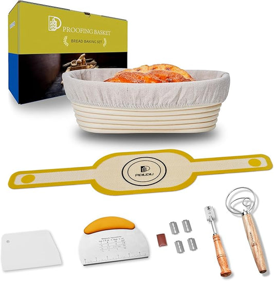 Sourdough Baking Supplies Set of 5, Oval 10 Inch Banneton Bread Proofing Basket with Bread Lame, Danish Dough Whisk with Stainless Steel, Dough Scraper Kit, Bowl Scraper ??Baking Gift Kit